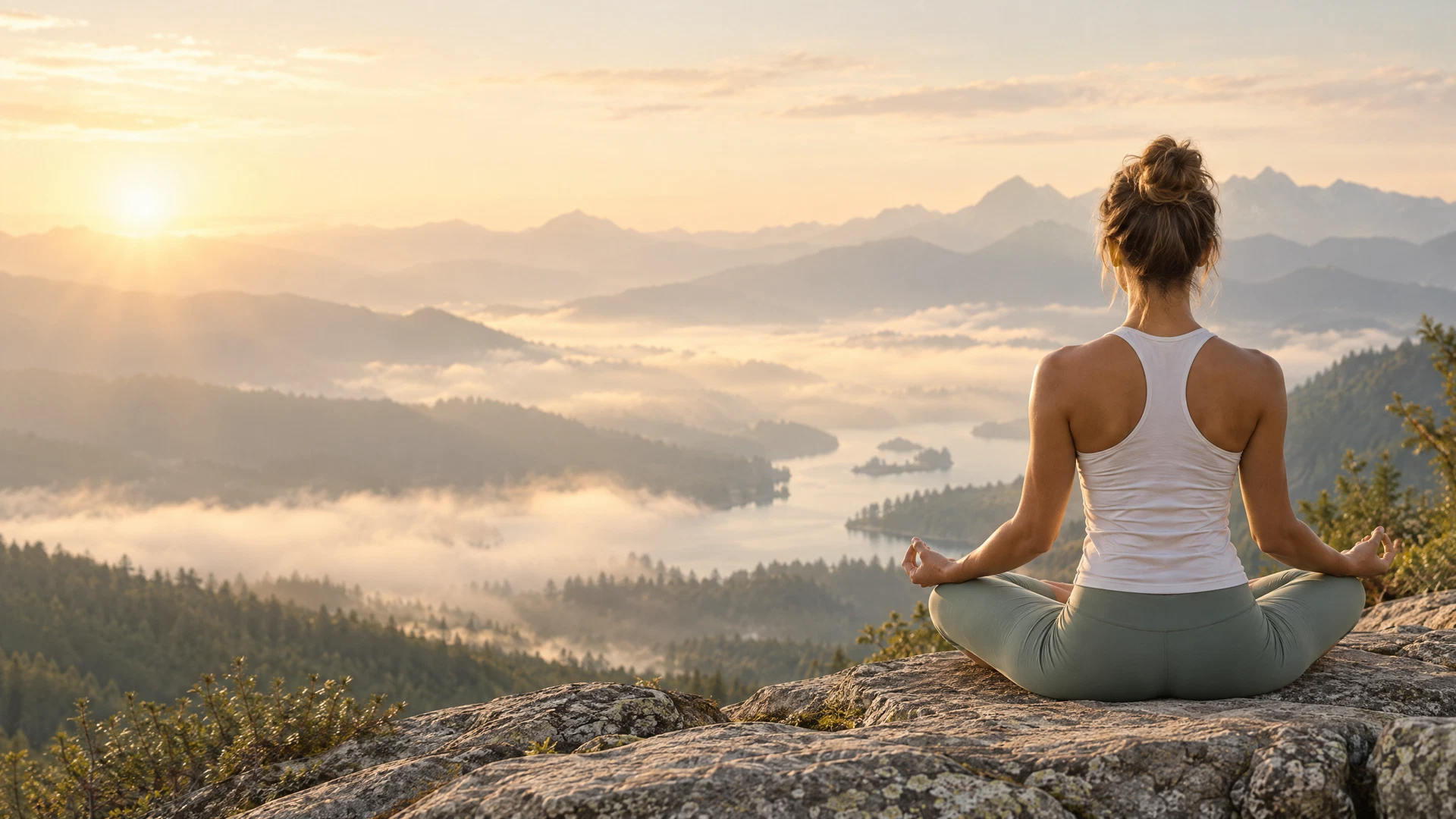 Woman meditating in the mountains